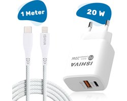 ISHIVA USB C Adapter Oplader USB stekker - USB-C naar Lightning Kabel - 20W Snellader - Oplader - 2 jaar Garantie - Wit - 1 meter