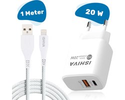 ISHIVA USB C Adapter Oplader USB stekker - Lightning USB Kabel - 20W Snellader - Oplader - 2 jaar Garantie - Wit - 1 meter
