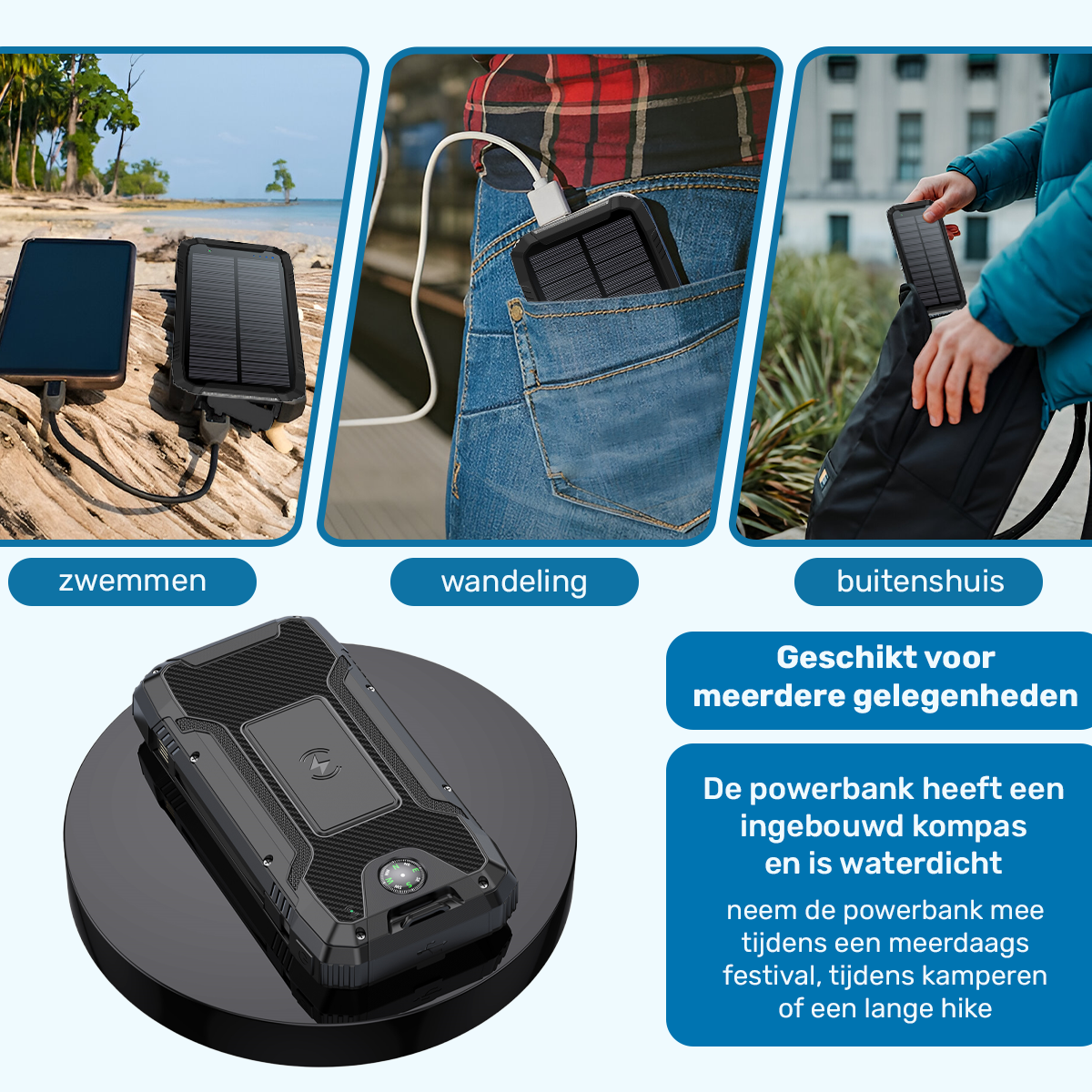 ISHIVA® Solar Powerbank 30.000 mAh – 22,5W Snelladen - Draadloos (Qi)
