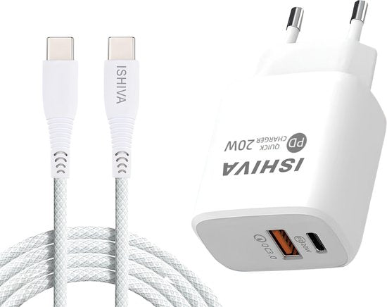 ISHIVA USB C Adapter Oplader USB stekker - USB C naar USB C Kabel - 20W Snellader - 2 jaar Garantie - Wit - 1 meter