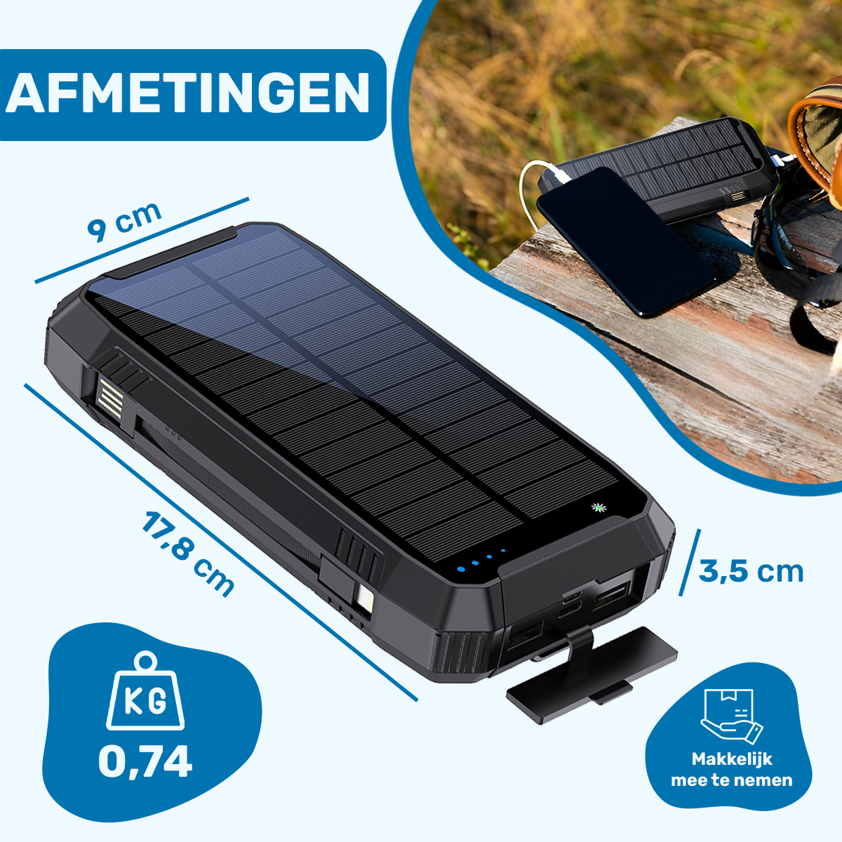 ISHIVA® Solar Powerbank 30.000 mAh – 22,5W Snelladen - Draadloos (Qi)